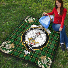 Wallace Hunting Green Tartan Crest Premium Quilt - Gold Thistle Style