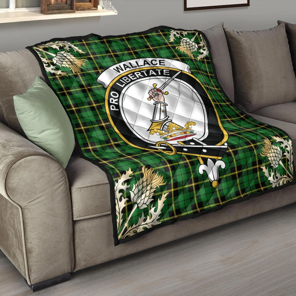 Wallace Hunting Green Tartan Crest Premium Quilt - Gold Thistle Style