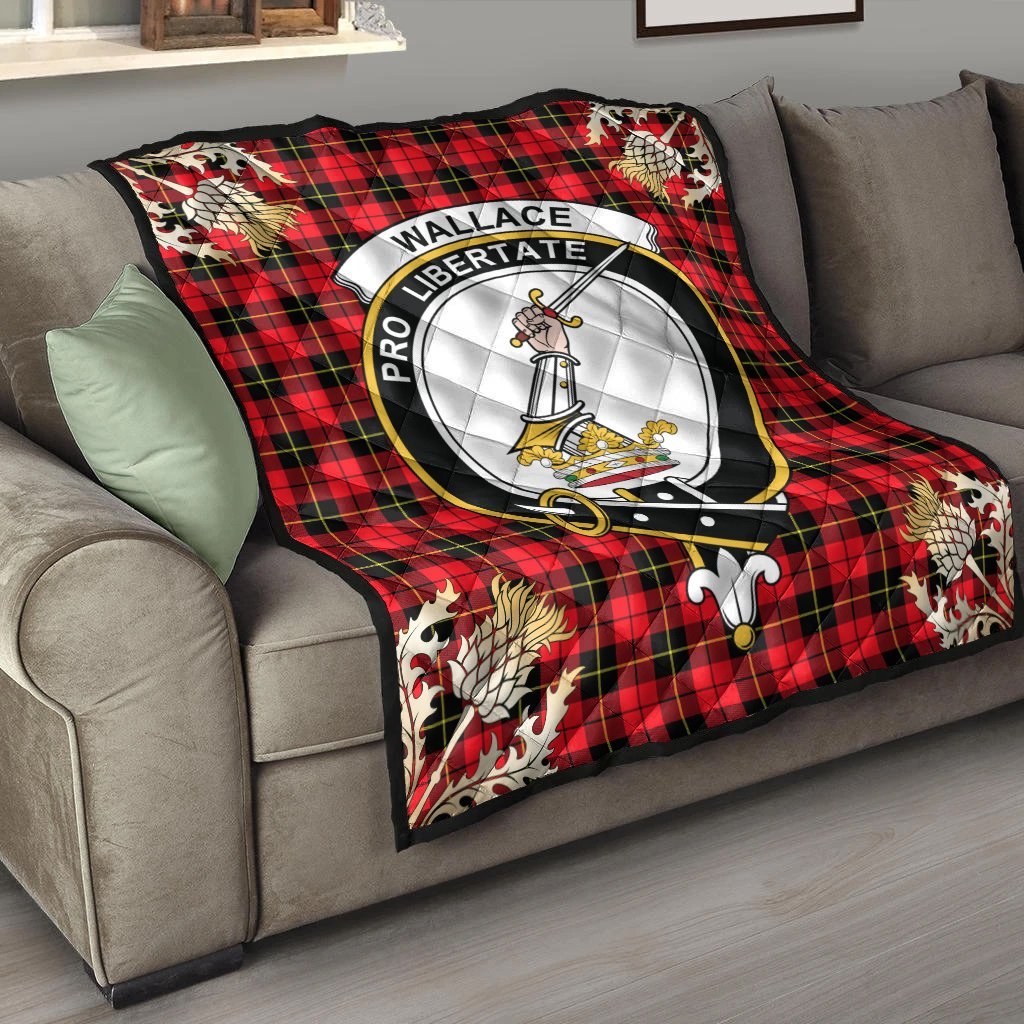 Wallace Hunting Red Tartan Crest Premium Quilt - Gold Thistle Style