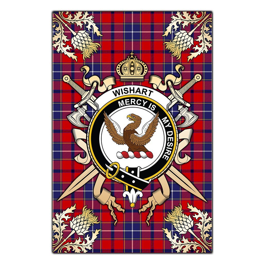 Wishart Dress Tartan Crest Black Garden Flag - Gold Thistle Style