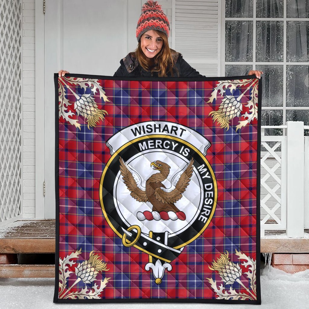 Wishart Dress Tartan Crest Premium Quilt - Gold Thistle Style