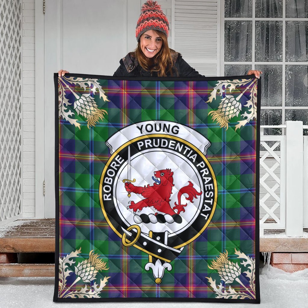 Young Modern Tartan Crest Premium Quilt - Gold Thistle Style