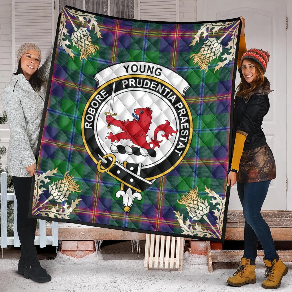 Young Modern Tartan Crest Premium Quilt - Gold Thistle Style