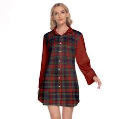 Allison Red Tartan Women's Lapel Shirt Dress With Long Sleeve