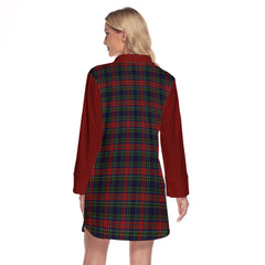 Allison Red Tartan Women's Lapel Shirt Dress With Long Sleeve