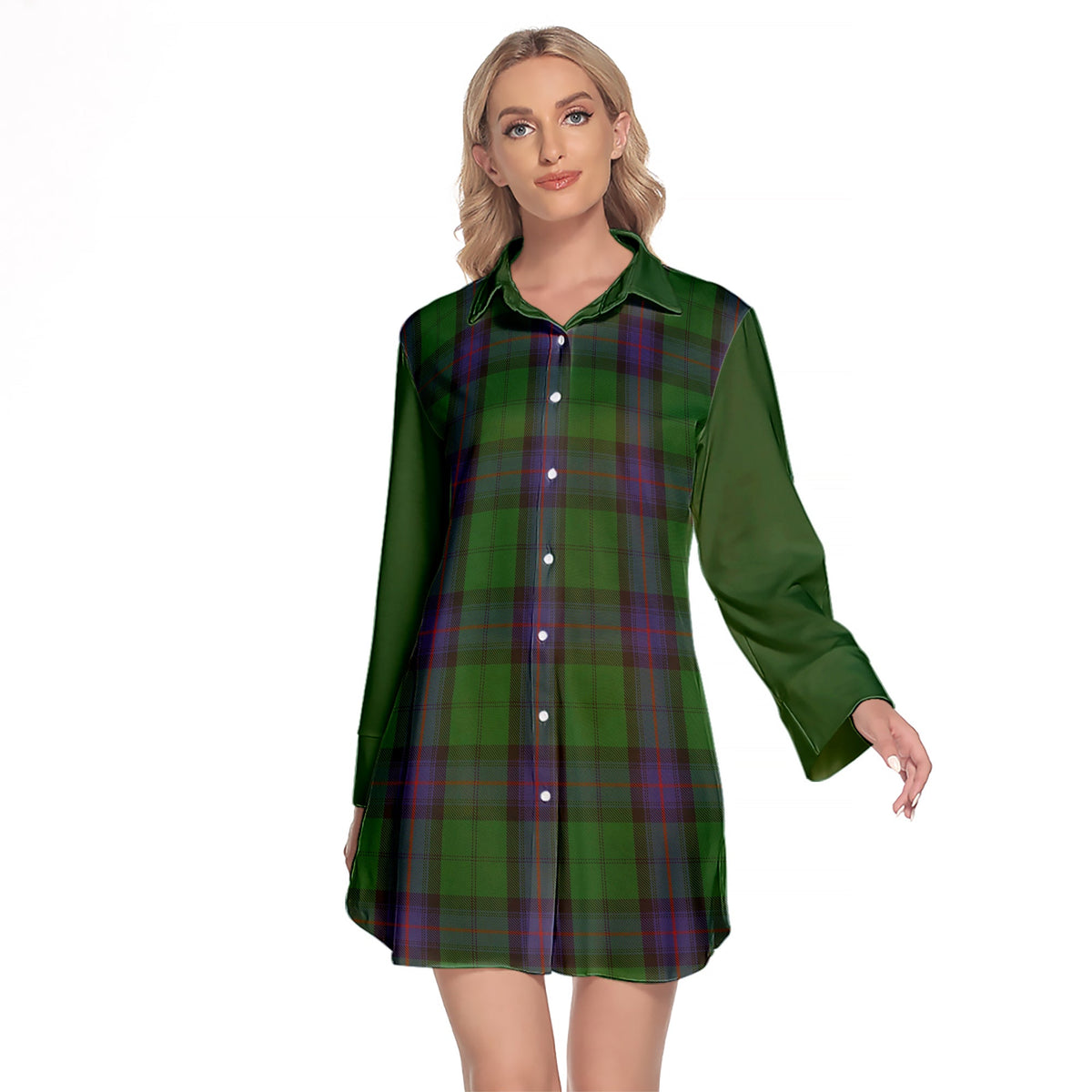 Armstrong Tartan Women's Lapel Shirt Dress With Long Sleeve