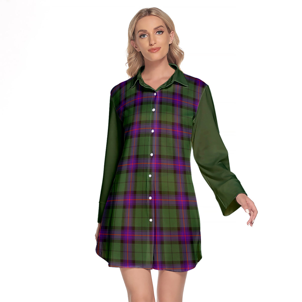 Armstrong Modern Tartan Women's Lapel Shirt Dress With Long Sleeve