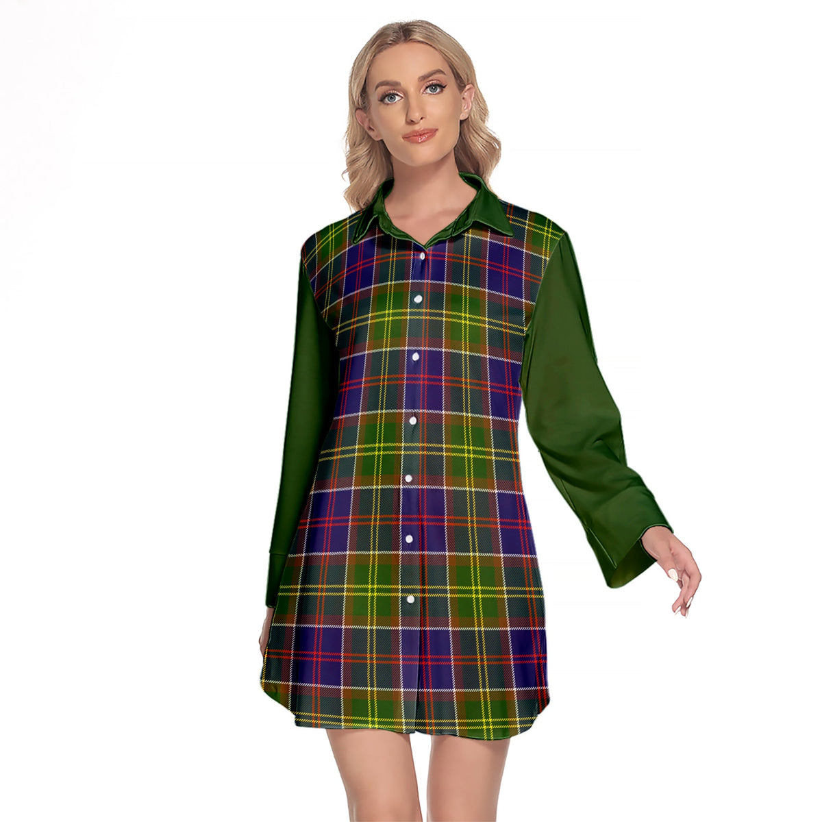 Arnott Tartan Women's Lapel Shirt Dress With Long Sleeve