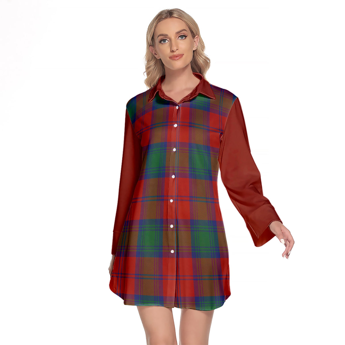 Auchinleck Tartan Women's Lapel Shirt Dress With Long Sleeve