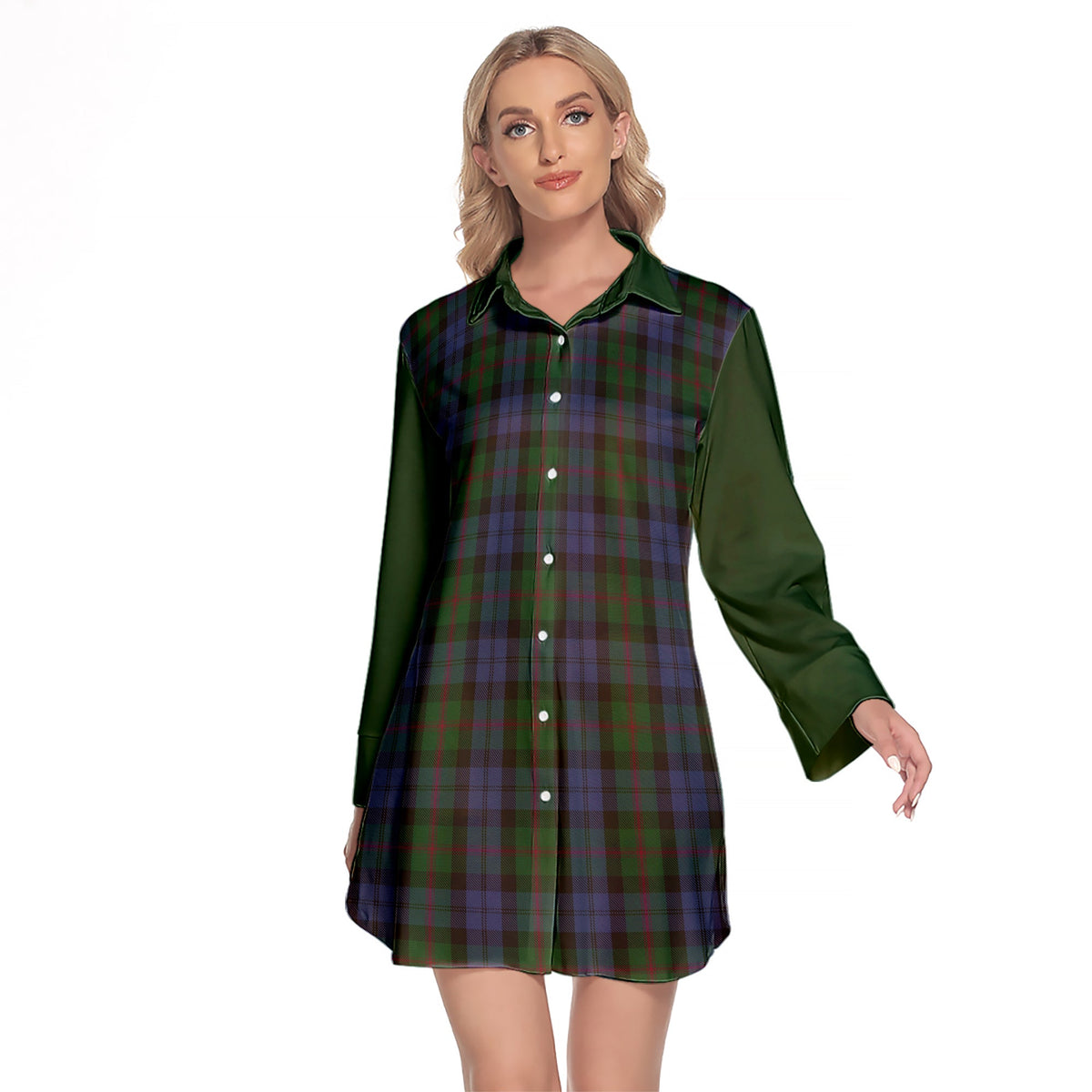 Baird Tartan Women's Lapel Shirt Dress With Long Sleeve