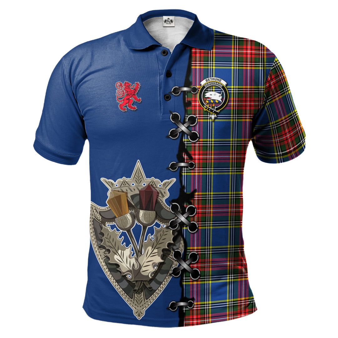 Bethune Tartan Polo Shirt - Lion Rampant And Celtic Thistle Style