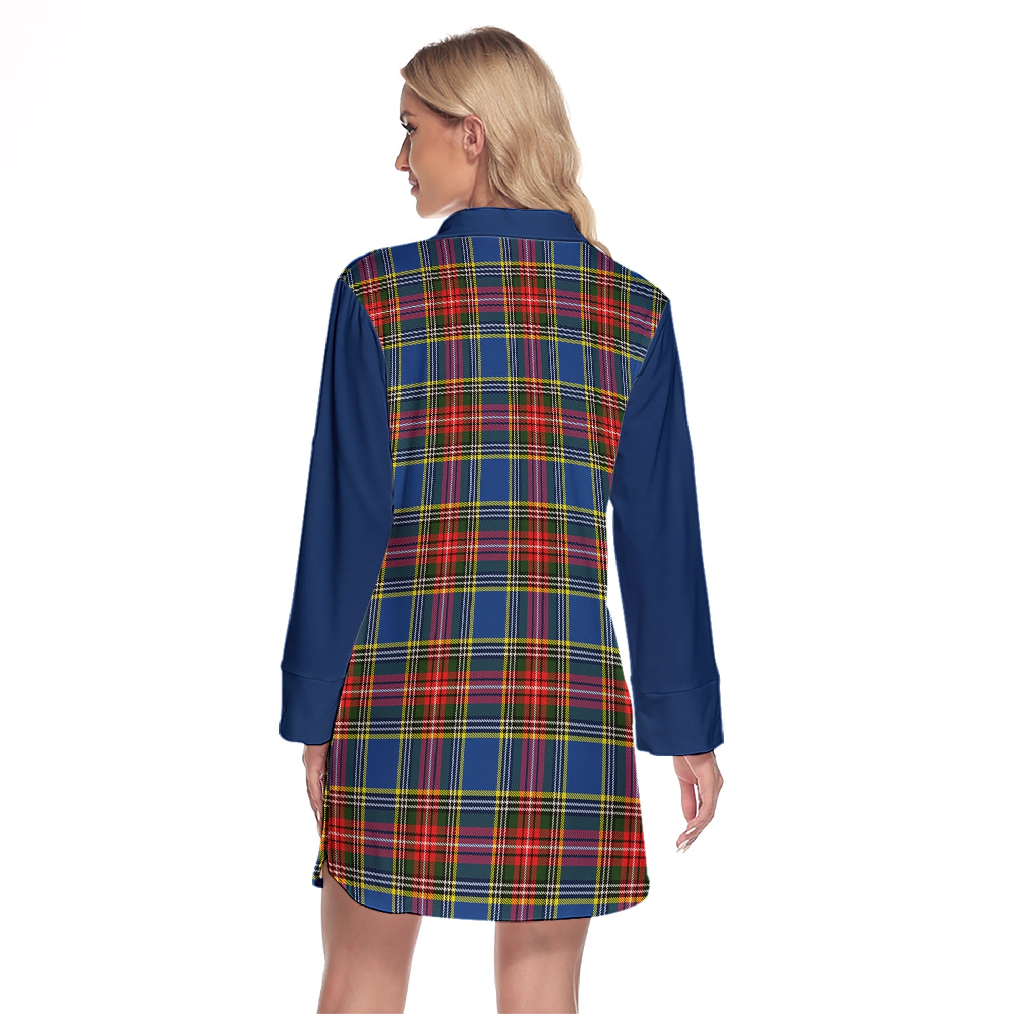 Bethune Tartan Women's Lapel Shirt Dress With Long Sleeve