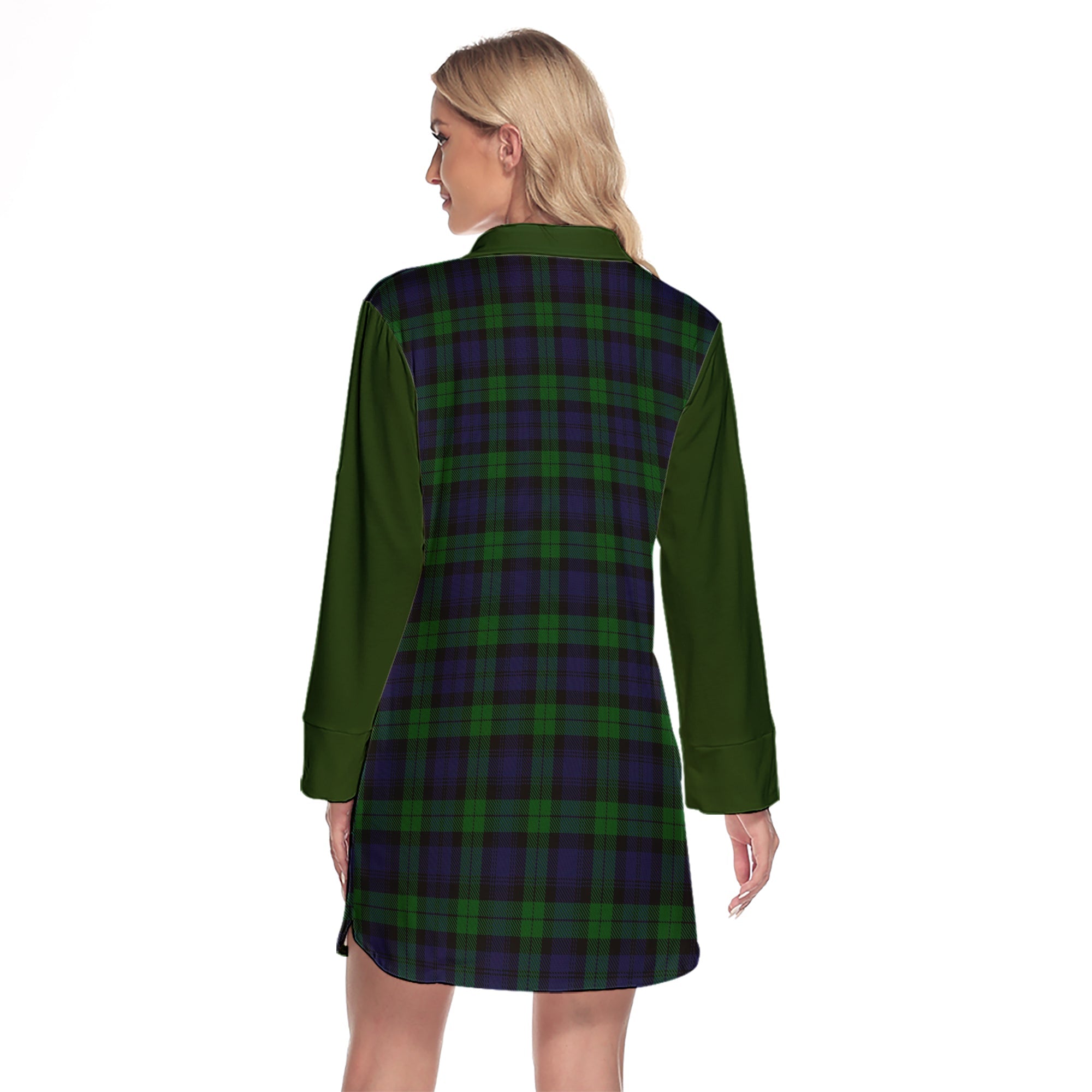 Black Watch Tartan Women's Lapel Shirt Dress With Long Sleeve