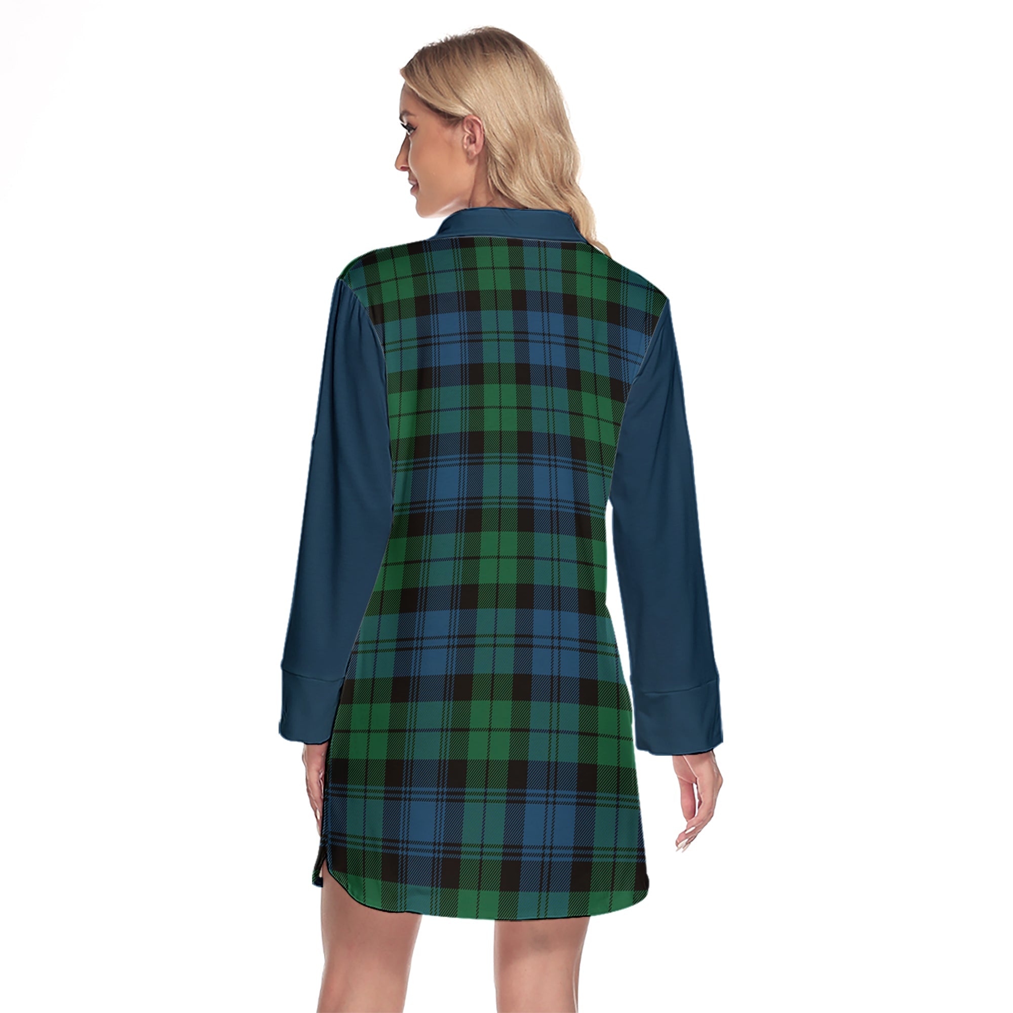 Black Watch Ancient Of Canada Tartan Women's Lapel Shirt Dress With Long Sleeve