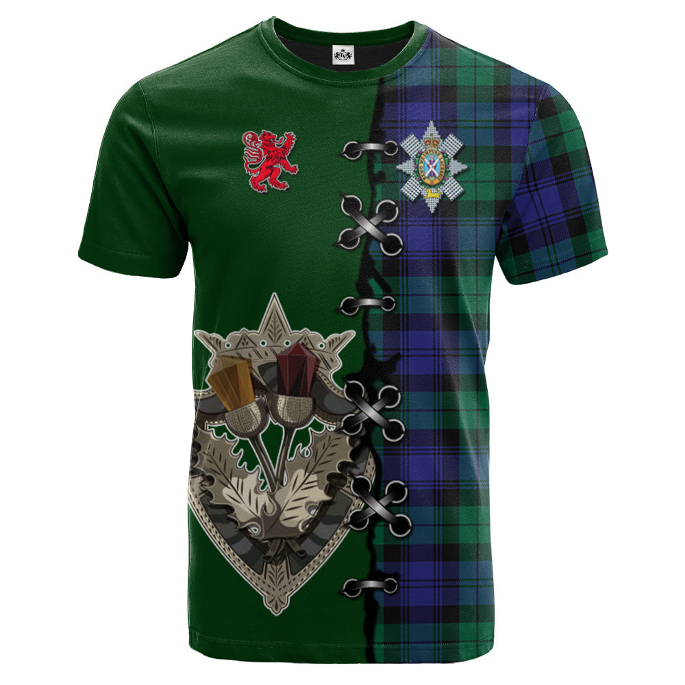 Black Watch Modern Tartan T-shirt - Lion Rampant And Celtic Thistle Style