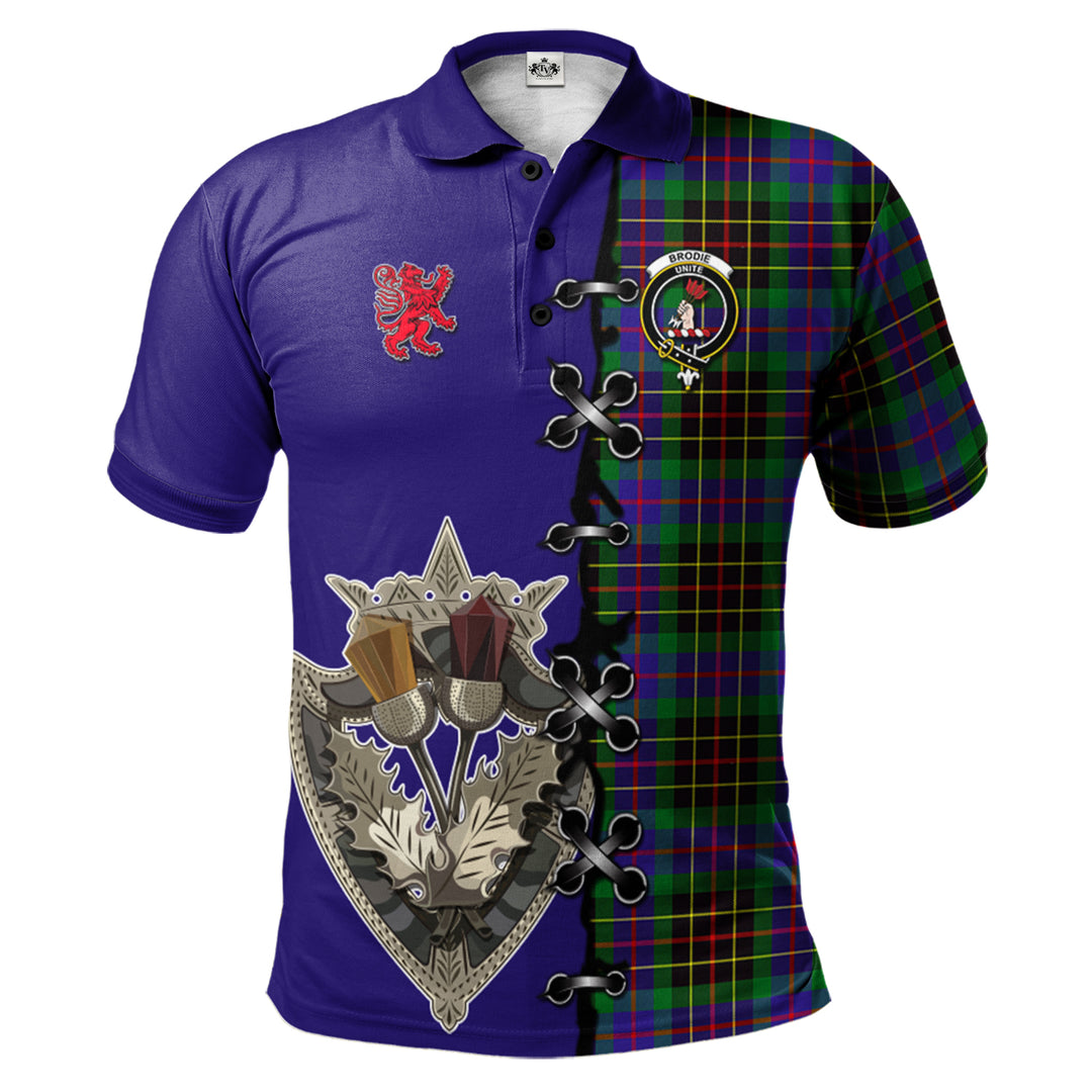 Brodie Hunting Modern Tartan Polo Shirt - Lion Rampant And Celtic Thistle Style