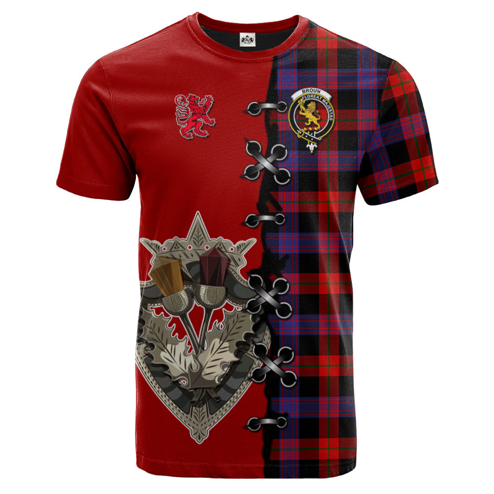 Broun Modern Tartan T-shirt - Lion Rampant And Celtic Thistle Style