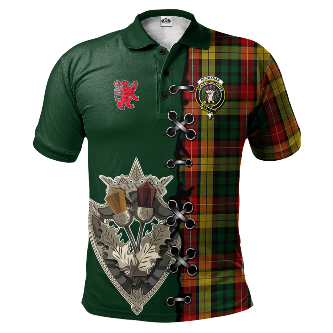 Buchanan Tartan Polo Shirt - Lion Rampant And Celtic Thistle Style