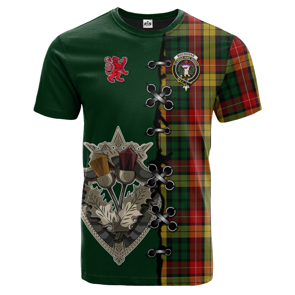 Buchanan Tartan T-shirt - Lion Rampant And Celtic Thistle Style