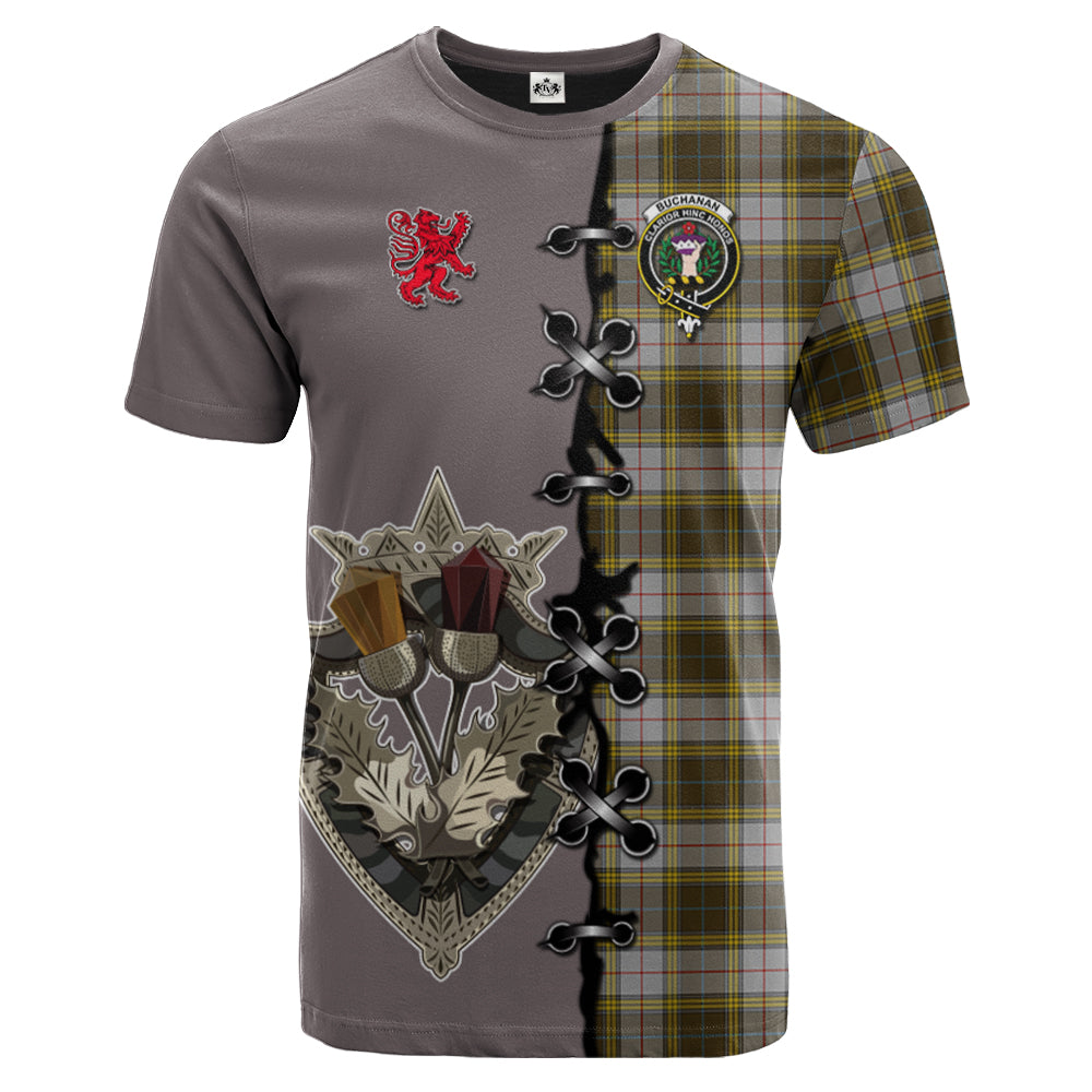 Buchanan Dress Tartan T-shirt - Lion Rampant And Celtic Thistle Style