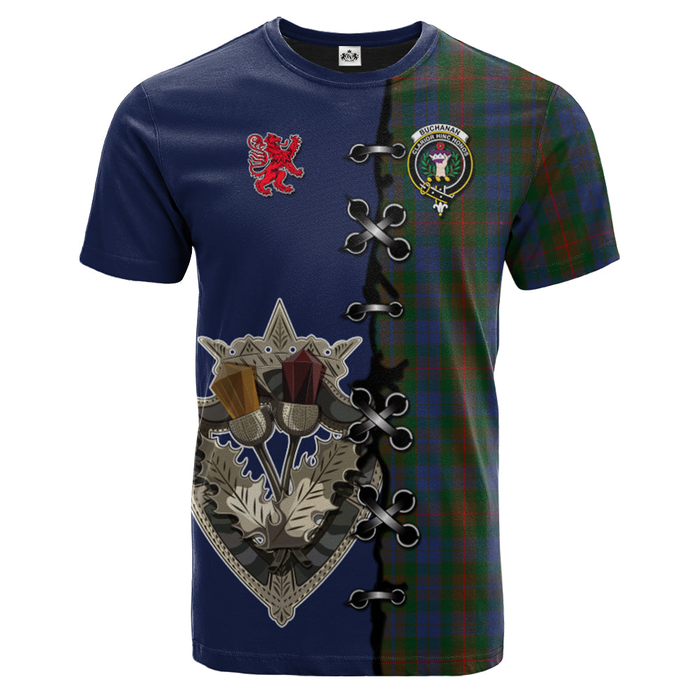 Buchanan Hunting Tartan T-shirt - Lion Rampant And Celtic Thistle Style