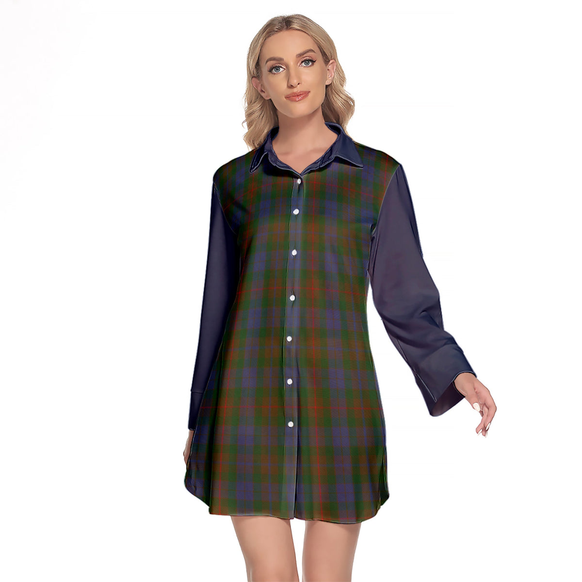 Buchanan Hunting Tartan Women's Lapel Shirt Dress With Long Sleeve
