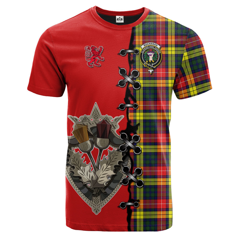 Buchanan Modern Tartan T-shirt - Lion Rampant And Celtic Thistle Style