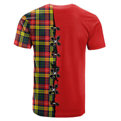 Buchanan Modern Tartan T-shirt - Lion Rampant And Celtic Thistle Style