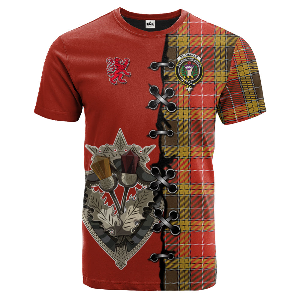 Buchanan Old Set Weathered Tartan T-shirt - Lion Rampant And Celtic Thistle Style