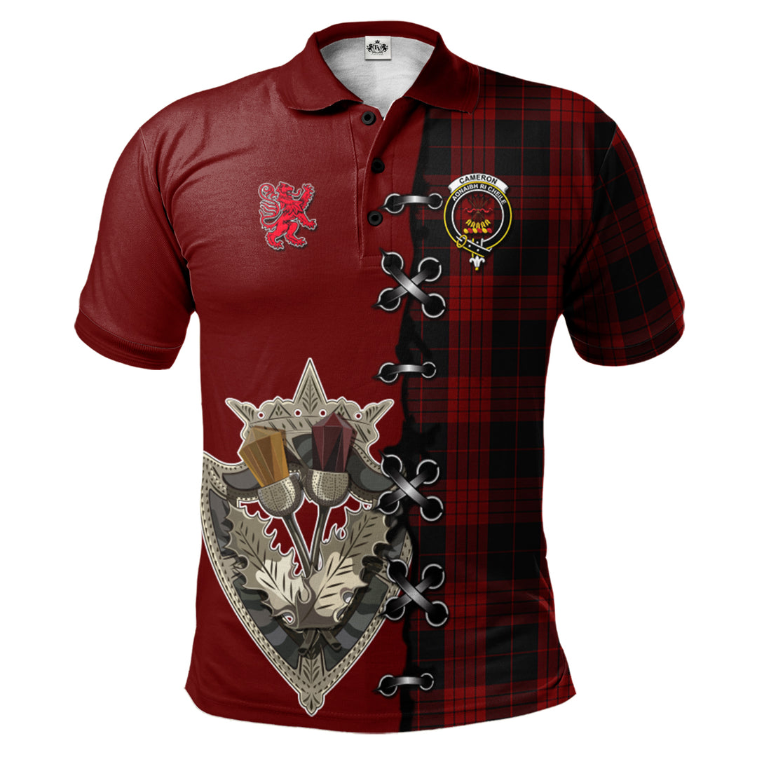 Cameron Black and Red Tartan Polo Shirt - Lion Rampant And Celtic Thistle Style