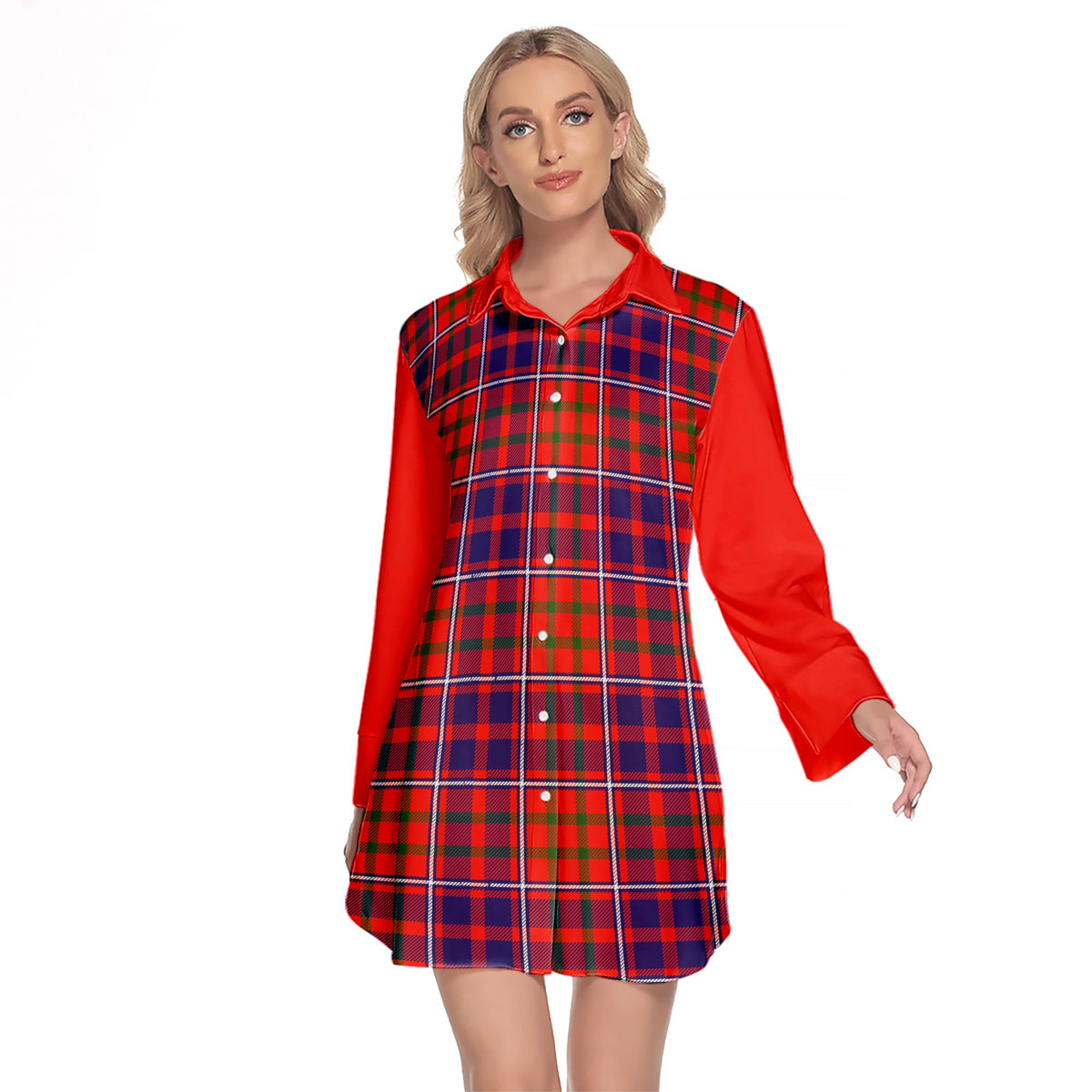 Cameron Of Lochiel Modern Tartan Women's Lapel Shirt Dress With Long Sleeve