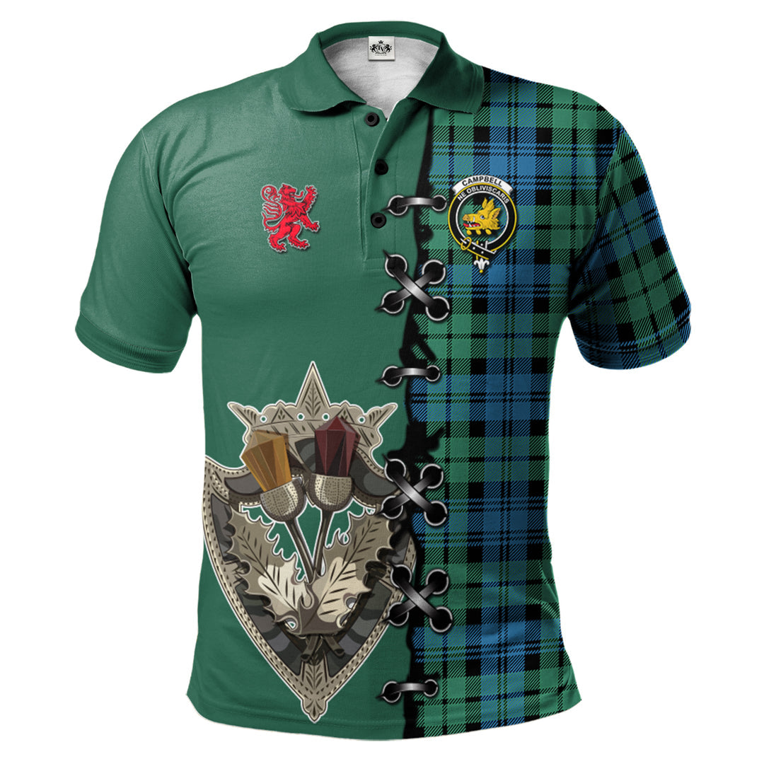 Campbell Ancient 01 Tartan Polo Shirt - Lion Rampant And Celtic Thistle Style