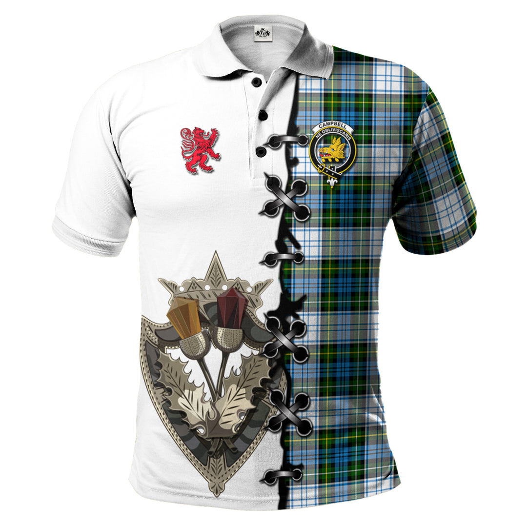 Campbell Dress Tartan Polo Shirt - Lion Rampant And Celtic Thistle Style