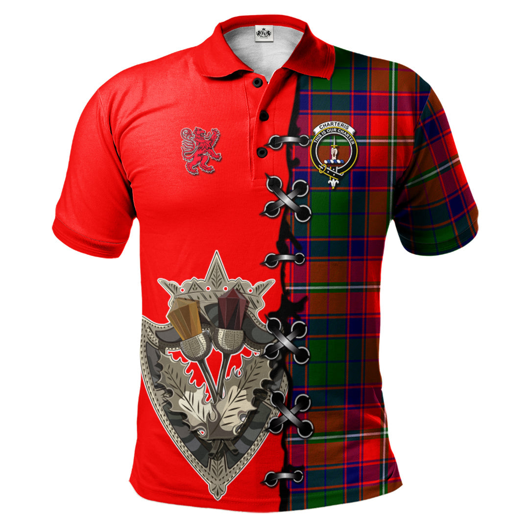 Charteris Tartan Polo Shirt - Lion Rampant And Celtic Thistle Style