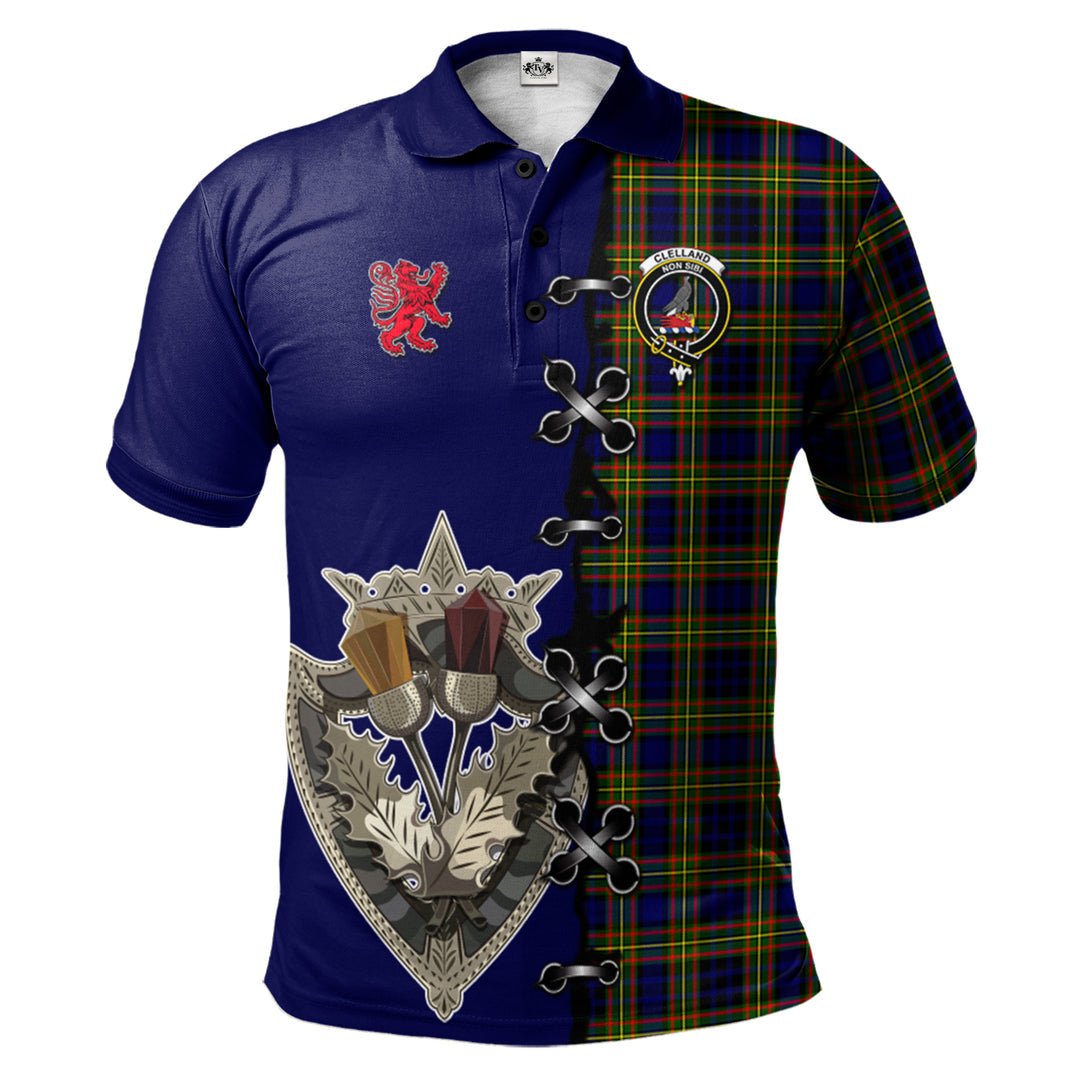 Clelland Modern Tartan Polo Shirt - Lion Rampant And Celtic Thistle Style