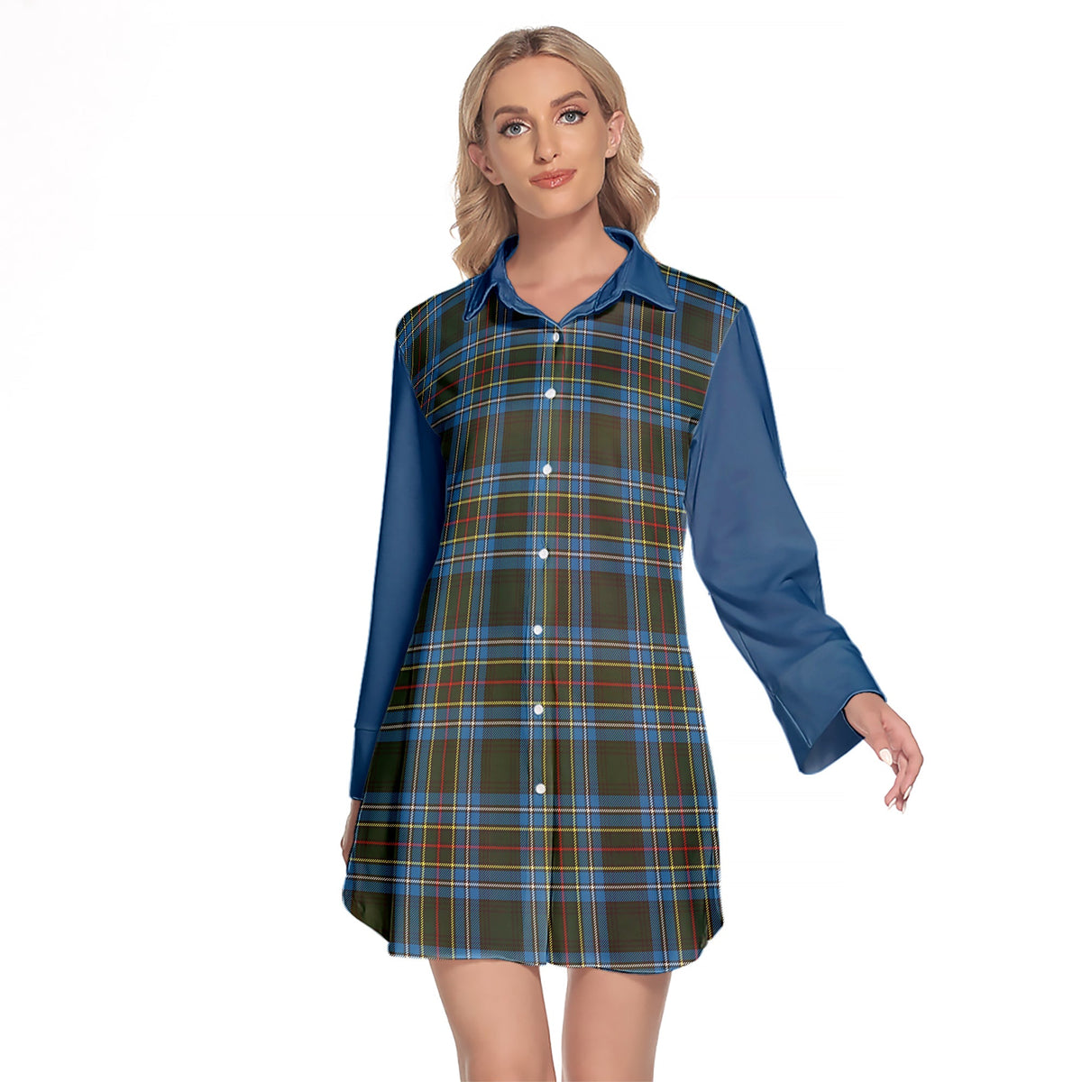 Cockburn Modern Tartan Women's Lapel Shirt Dress With Long Sleeve