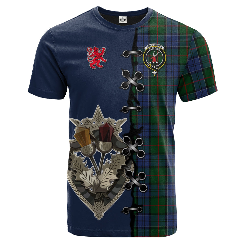 Colquhoun Tartan T-shirt - Lion Rampant And Celtic Thistle Style