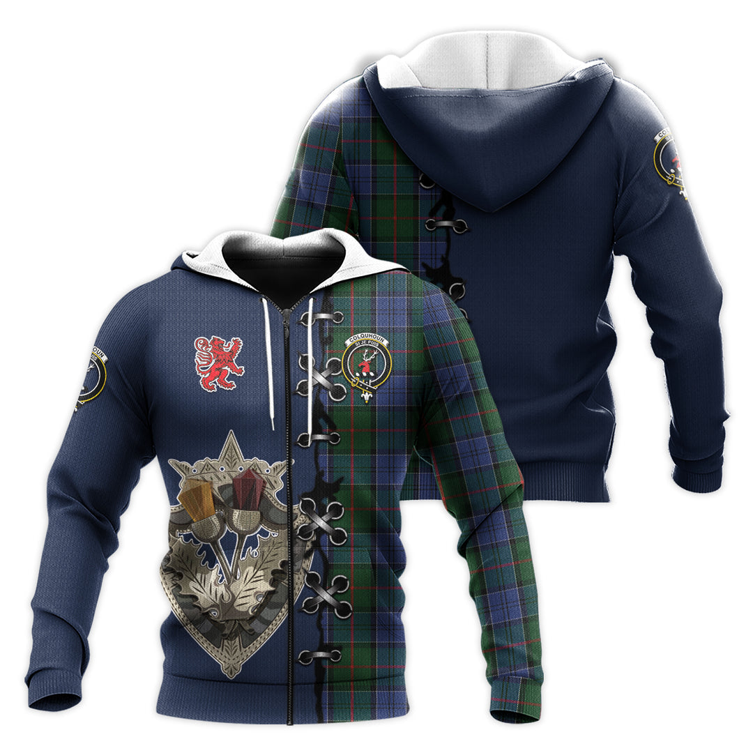 Colquhoun Tartan Hoodie - Lion Rampant And Celtic Thistle Style