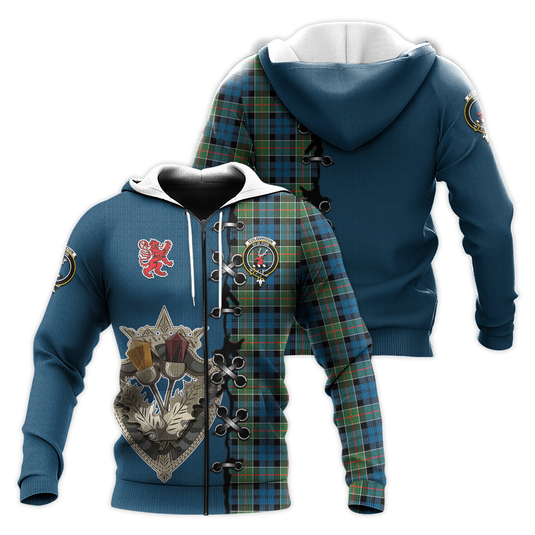 Colquhoun Ancient Tartan Hoodie - Lion Rampant And Celtic Thistle Style