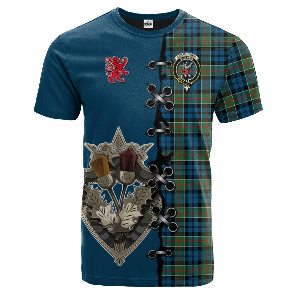 Colquhoun Ancient Tartan T-shirt - Lion Rampant And Celtic Thistle Style