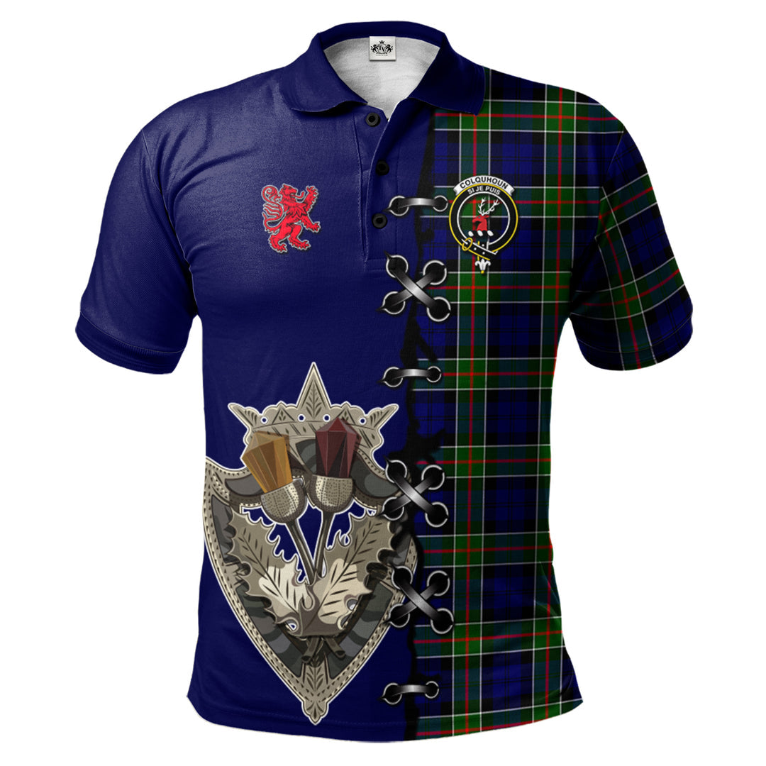 Colquhoun Modern Tartan Polo Shirt - Lion Rampant And Celtic Thistle Style