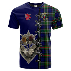 Colquhoun Modern Tartan T-shirt - Lion Rampant And Celtic Thistle Style