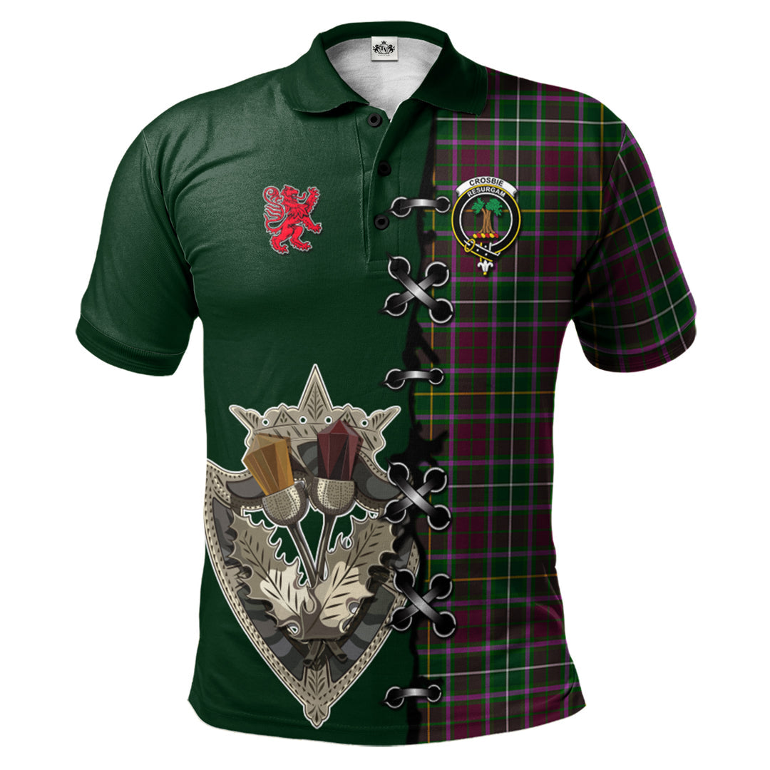 Crosbie Tartan Polo Shirt - Lion Rampant And Celtic Thistle Style