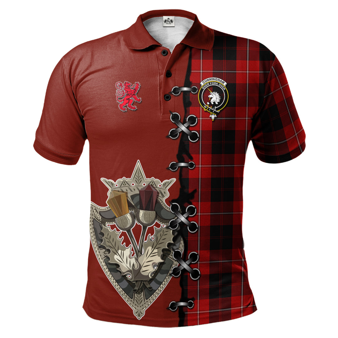 Cunningham Tartan Polo Shirt - Lion Rampant And Celtic Thistle Style