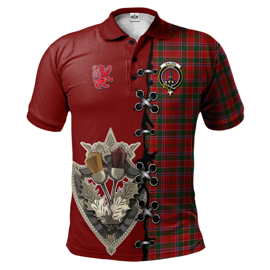 Dalziel Tartan Polo Shirt - Lion Rampant And Celtic Thistle Style
