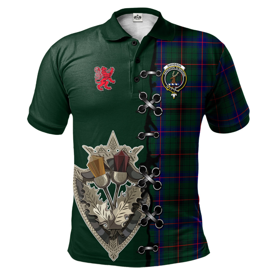 Davidson Modern Tartan Polo Shirt - Lion Rampant And Celtic Thistle Style