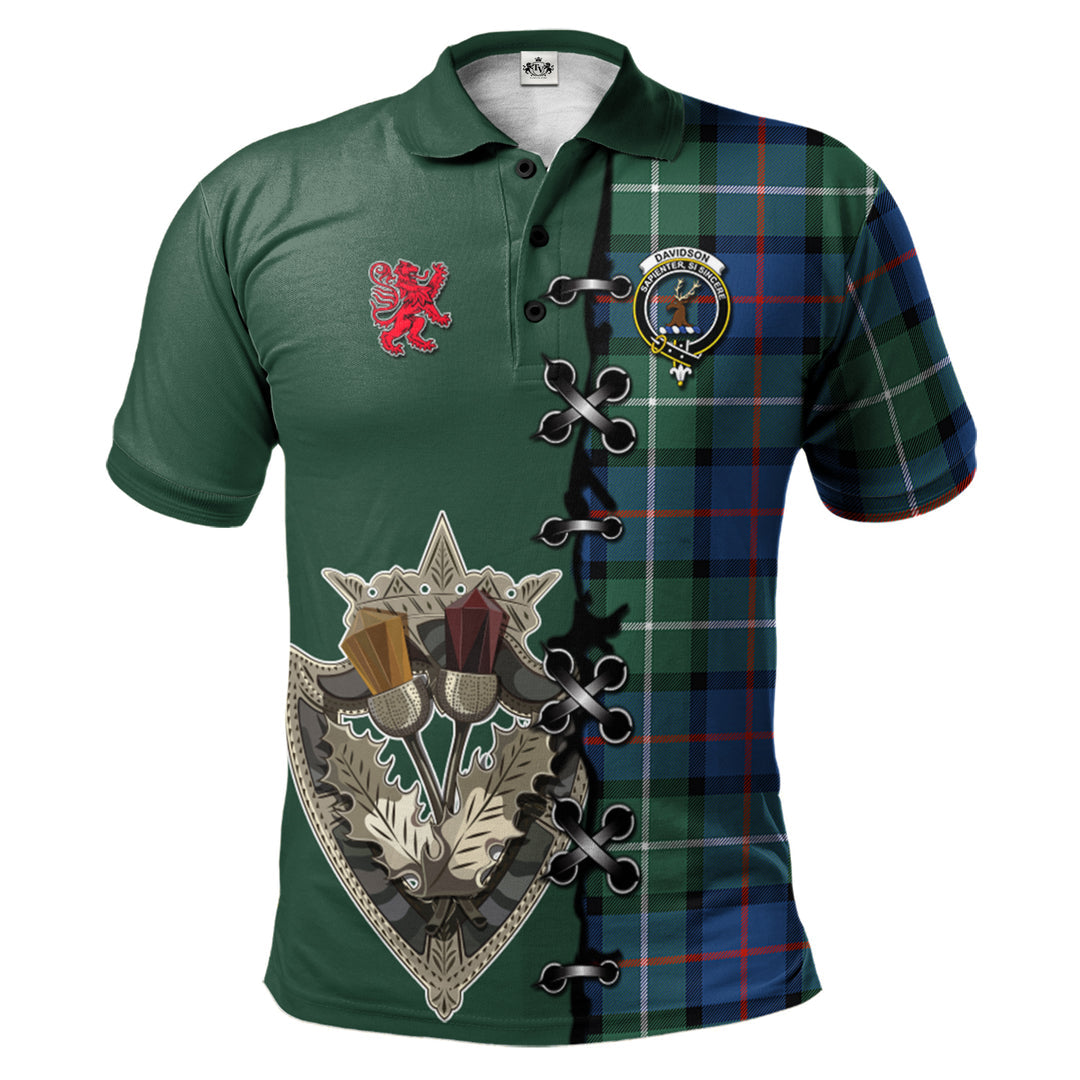 Davidson of Tulloch Tartan Polo Shirt - Lion Rampant And Celtic Thistle Style