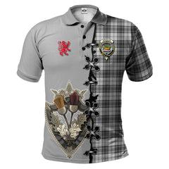Douglas Grey Modern Tartan Polo Shirt - Lion Rampant And Celtic Thistle Style