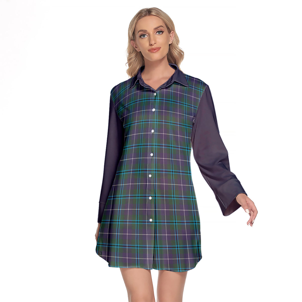 Douglas Modern Tartan Women's Lapel Shirt Dress With Long Sleeve