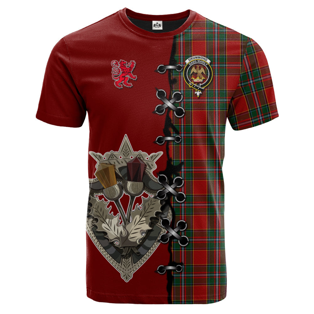 Drummond Ancient Tartan T-shirt - Lion Rampant And Celtic Thistle Style